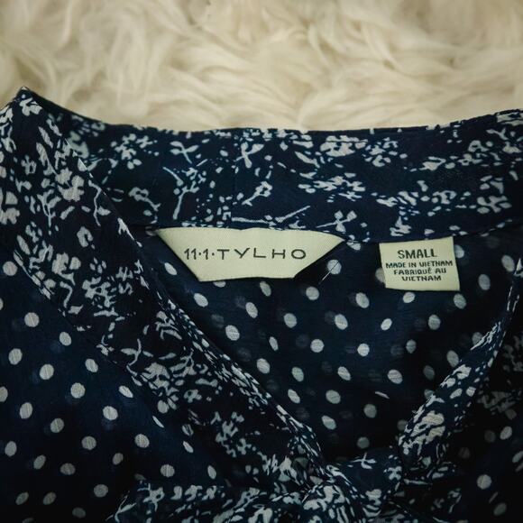 11.1 Tylho Anthropologie Size Small S Blue Isla Polka Dot A Line Tie Neck Dress - Picture 5 of 8